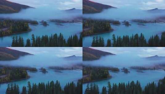 秋天清晨的新疆喀纳斯河神仙湾晨雾自然风光高清在线视频素材下载