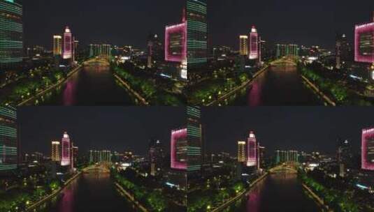 航拍宁波甬江珍珠贝外滩大桥夜景4K航拍高清在线视频素材下载