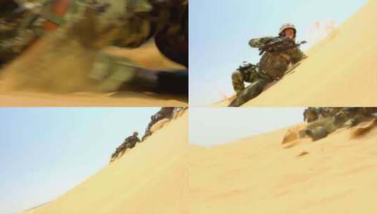 特种兵在沙漠匍匐爬行 武装 迷彩服 组镜高清在线视频素材下载