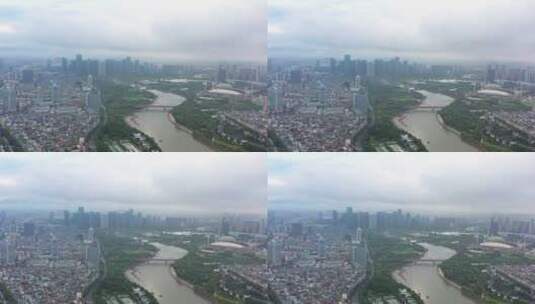 浙江义乌江两岸城市大景风光4K航拍高清在线视频素材下载
