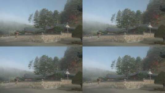 韩国五台山月精寺深秋晨景 院墙寺庙 雾气高清在线视频素材下载