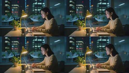 亚洲女士夜晚加班工作职场人物专注场景高清在线视频素材下载