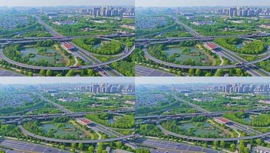4k实时航拍上海嘉定立交桥绿色生态景观高清在线视频素材下载
