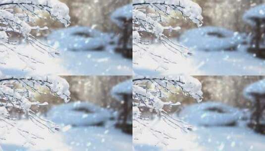 冬季下雪时的树枝上积雪特写高清在线视频素材下载