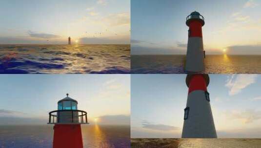 夕阳下的海上灯塔高清在线视频素材下载