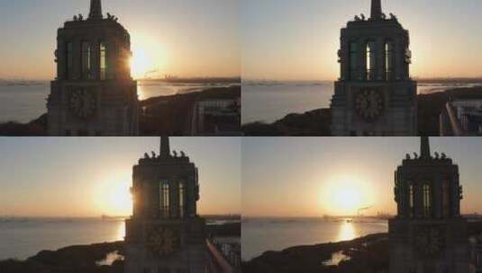 上海宝山海关钟楼清晨唯美逆光航拍高清在线视频素材下载