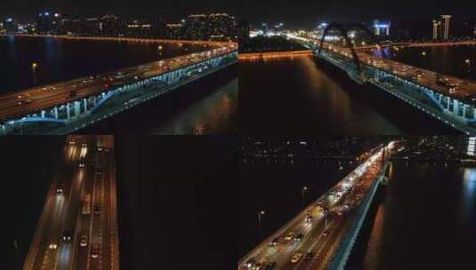 4K航拍杭州复兴大桥车流夜景视频合集高清在线视频素材下载