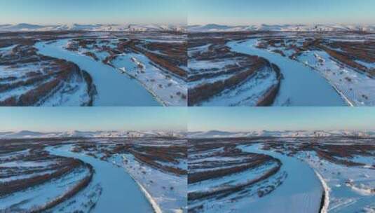 航拍冬季湿地雪山不冻河高清在线视频素材下载