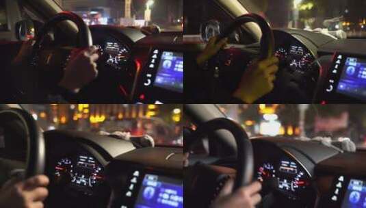 夜晚开车视频晚上驾驶汽车辆双手手握方向盘高清在线视频素材下载