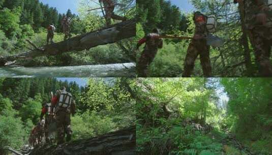 林场护林员背着工具走过湍急的河流进山巡护高清在线视频素材下载