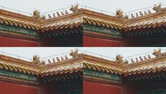 故宫博物院传统古建筑屋檐瓦片角脊神兽高清在线视频素材下载
