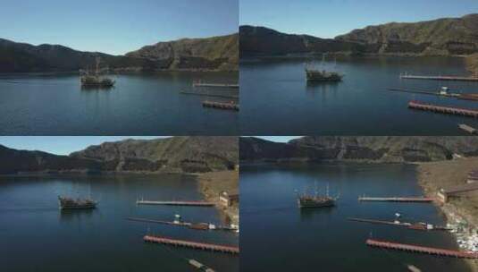 航拍湖面一艘船在行驶高清在线视频素材下载