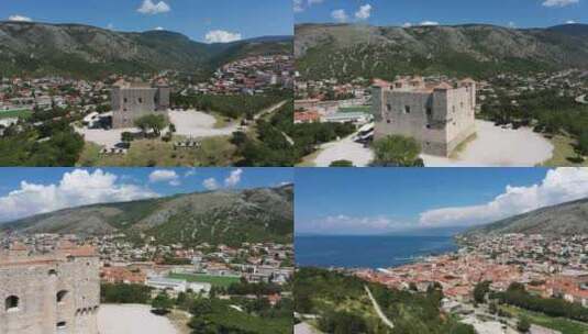 山上的Nehaj堡垒，白天在克罗地亚的Senj镇，山脉和亚得里亚海景观高清在线视频素材下载