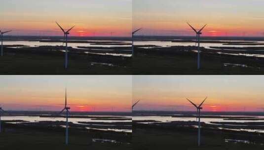 夕阳下风能风力发电厂风电场风车航拍高清在线视频素材下载