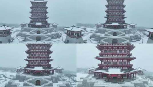 航拍牡丹博物馆雪景高清在线视频素材下载