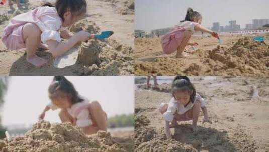 儿童小孩玩沙子挖沙湖边河边湿地公园高清在线视频素材下载