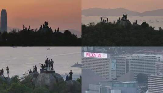 香港宝马山观景平台傍晚夕阳航拍高清在线视频素材下载