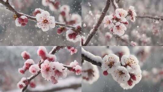 下雪的梅花桃花高清在线视频素材下载