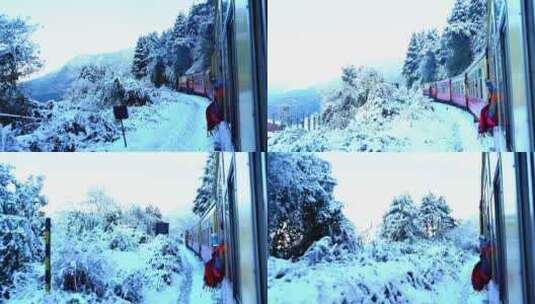 阿尔卑斯山脚下观光小火车穿过冰雪世界高清在线视频素材下载
