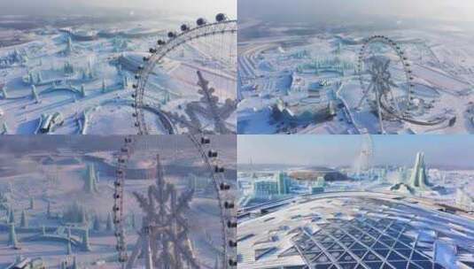 4K航拍哈尔滨冰雪大世界白天合集高清在线视频素材下载
