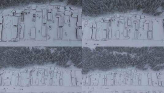 航拍大雪覆盖的新疆喀纳斯老村房屋高清在线视频素材下载