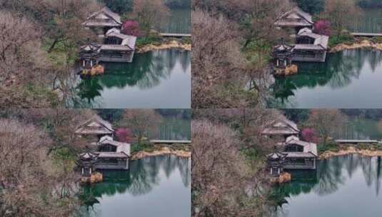 中国杭州西湖浴鹄湾古典建筑白雪红梅高清在线视频素材下载