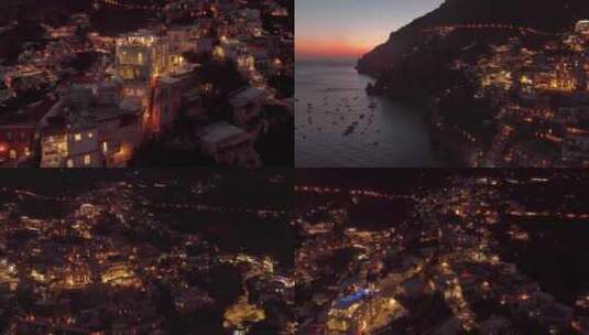 意大利阿马尔菲海岸波西塔诺海滩灯光夜景高清在线视频素材下载