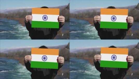 手持印度国旗横幅的人高清在线视频素材下载