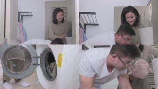 夫妻打扫卫生洗衣机洗衣服将衣服扔进洗衣机高清在线视频素材下载