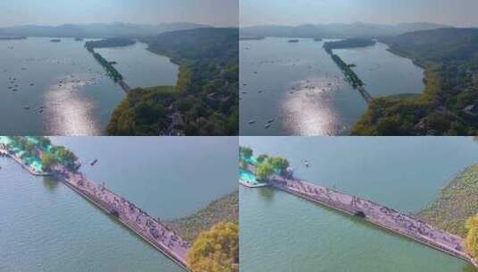 浙江杭州西湖景区断桥残雪风景风光航拍高清在线视频素材下载