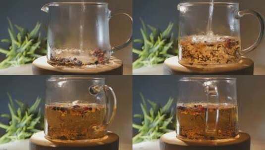 清香凉茶浆果花瓣倒入透明玻璃茶壶高清在线视频素材下载