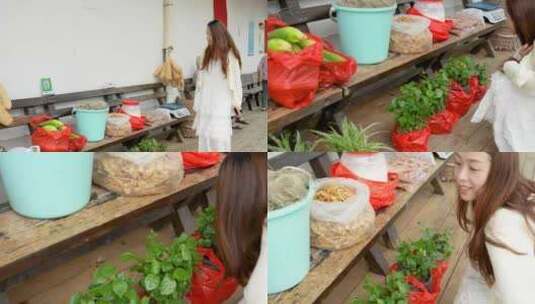 4K美女在乡间菜市场买东西（慢镜头）高清在线视频素材下载