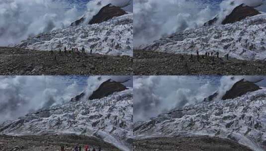 航拍四川第二高峰中山峰冰塔林前的登山者高清在线视频素材下载