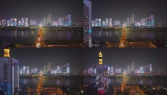 湖南长沙夜景橘子洲大桥夜景航拍高清在线视频素材下载