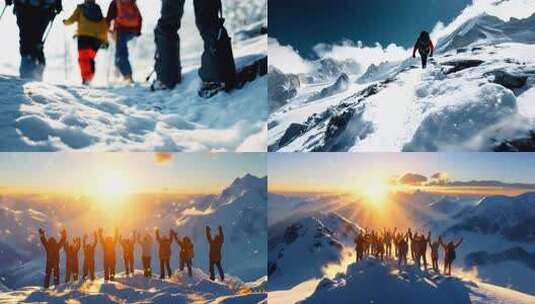 团队成功登顶山顶举手欢呼勇攀高峰登山高清在线视频素材下载