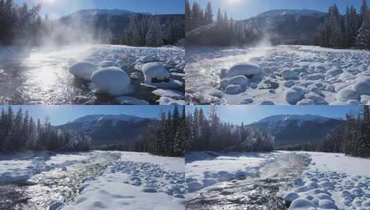 新疆喀纳斯雪景-雪包河流低空前行高清在线视频素材下载