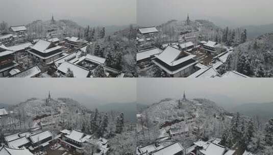 航拍杭州径山寺中式古建筑寺庙山顶森林雪景高清在线视频素材下载