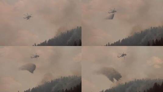直升机向山坡洒阻燃剂高清在线视频素材下载
