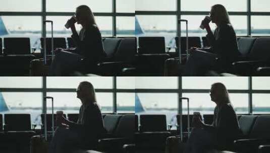 女商人在机场喝咖啡高清在线视频素材下载