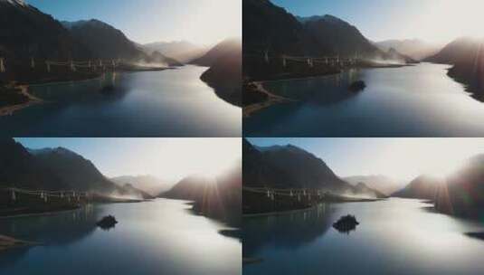 小岛视频青藏高原云雾清晨日出湖心小岛高清在线视频素材下载