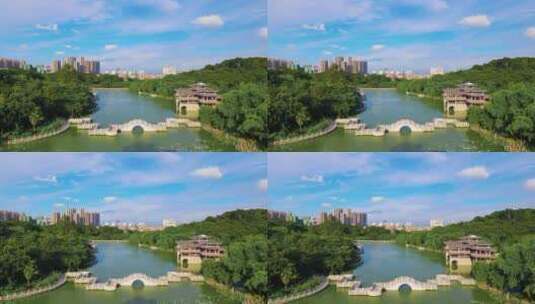 广西南宁狮山公园竹影桥风雨桥湖景风光高清在线视频素材下载