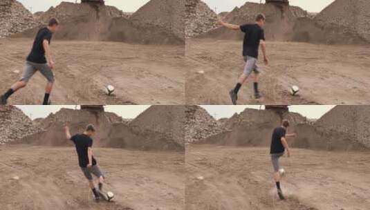 在泥地里踢足球的男孩高清在线视频素材下载