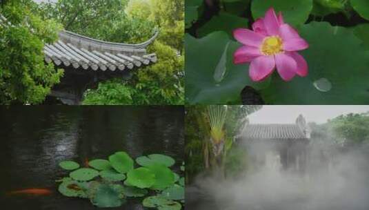 雨天雨景中式建筑下雨意境高清在线视频素材下载