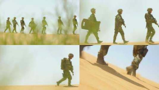 特种兵在沙漠沙地中行军 迷彩服 队伍组镜高清在线视频素材下载