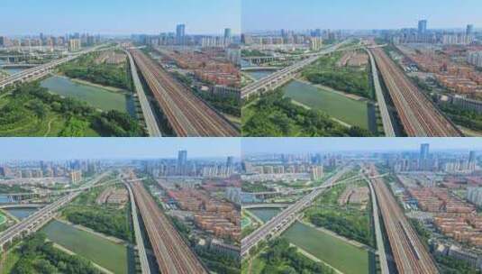 航拍郑州高铁站轨道高清在线视频素材下载