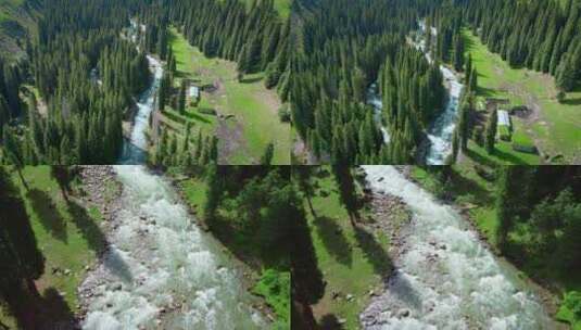 航拍山间森林溪流高清在线视频素材下载