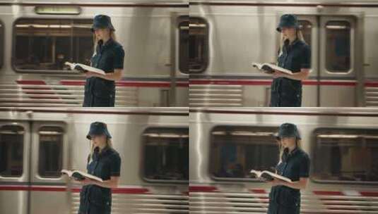 女人在地铁站看书高清在线视频素材下载