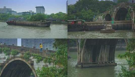 4k实拍杭州拱宸桥 京杭大运河 货船高清在线视频素材下载