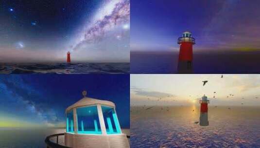夜晚宇宙银河星空下的海上灯塔高清在线视频素材下载