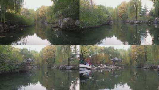 山东济南五龙潭古典园林小河流水鸟秋天航拍高清在线视频素材下载